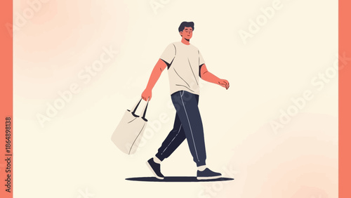 Young man walking with a duffle bag on a light background in a casual style