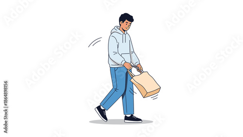 Young man walking with a shopping bag wearing casual hoodie and jeans illustration
