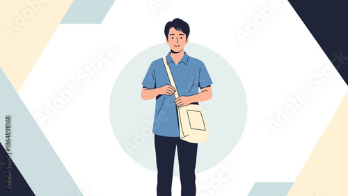 Young man with a casual posture holding a sling bag with modern geometric background design