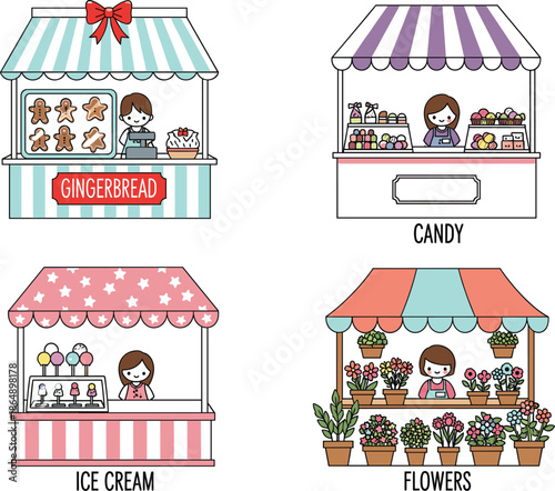 Cute market stall icon set vector illustration with gingerbread candy ice cream and flower shop cartoon kiosks