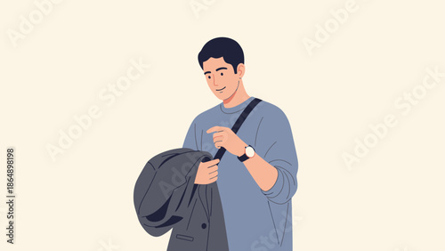 Young man with backpack checking his watch while preparing for travel and adventure oriented