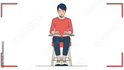 Young person reading a book while sitting on a chair with a neutral background