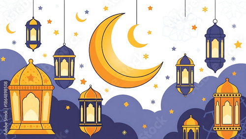 Ramadan lanterns and crescent moon background illustration for Islamic holidays and celebrations