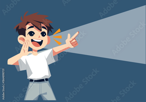 Illustration Happy Young Boy Shouting and Pointing Upwards