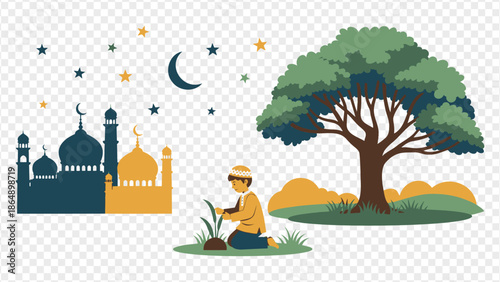 man praying under tree with mosque in background