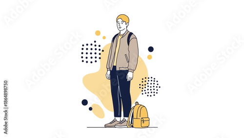 Young man standing with backpack and casual outfit surrounded by abstract design elements