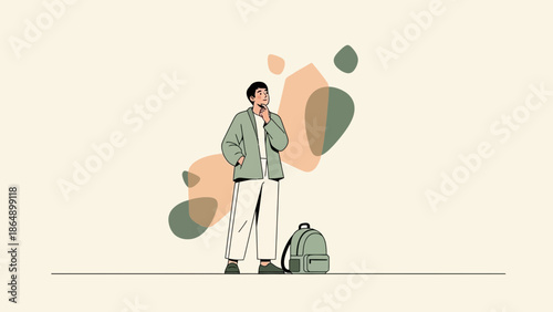 Thoughtful young person with backpack contemplating decisions in a minimalistic illustration