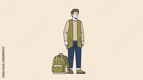 Young man standing with backpack, casual outfit, travel and adventure theme scene