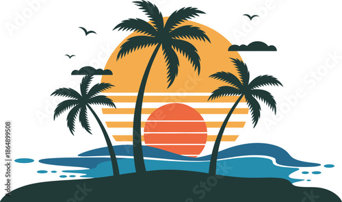 Tropical sunset beach illustration with palm trees, ocean waves and flying birds, summer vacation landscape, flat vector design graphic