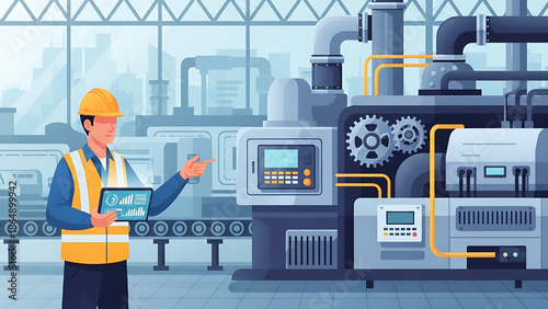 Skilled engineer managing industrial automation with a tablet in a modern factory, symbolizing smart manufacturing, efficient production, and technological progress