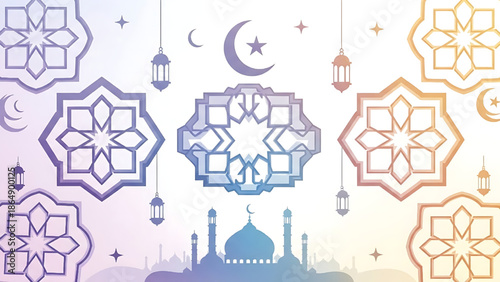 Ramadan Kareem illustration with Islamic geometric patterns and mosque silhouette