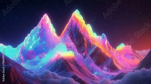 A unique mountain range with glowing crystalline peaks and colorful patterns 