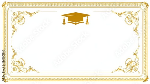 Golden graduation certificate template with decorative border and mortarboard icon