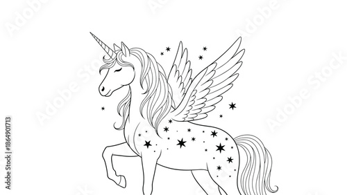 Beautiful line art illustration of a graceful winged unicorn alicorn standing among stars for coloring book or design.