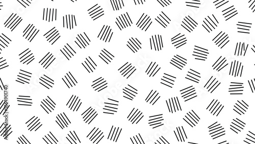Minimalist seamless pattern with small clusters of hand drawn parallel black lines scattered on a plain white background.