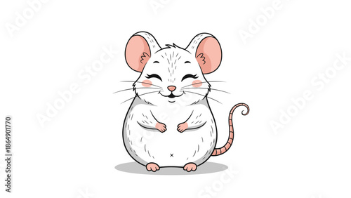 Adorable cartoon illustration of a plump white mouse with pink ears and a happy expression sitting on a white background.