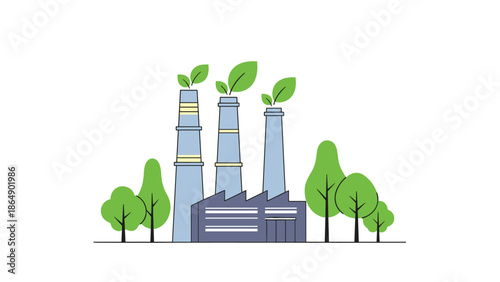 Environmental concept illustration of a factory with green leaves growing from its chimneys surrounded by green trees.