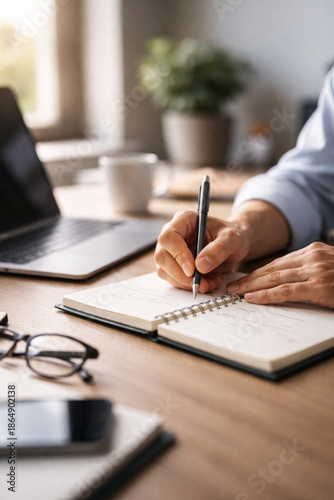 Photos Person's hands writing notes in a planner on a wooden desk with laptop and office items