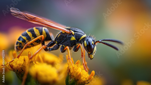 Wallpaper Mural Vivid Macro Closeup of a Yellow Jacket Wasp Feeding on a Bright Yellow Flower with Sharp Detail and Colorful Natural Bokeh Background Torontodigital.ca