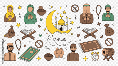 Ramadan symbols and icons with mosque and people