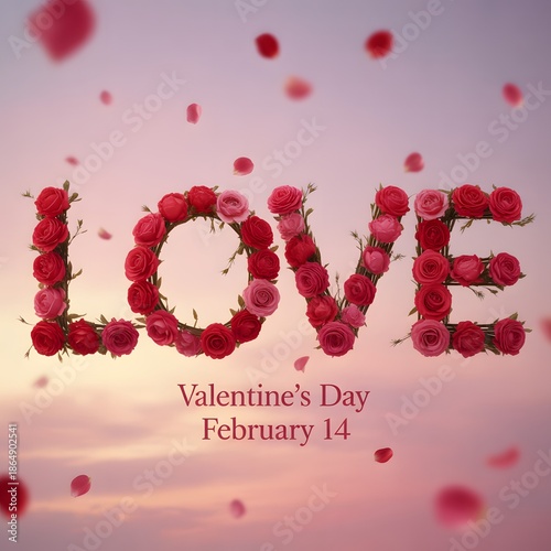 A romantic scene for Valentine's Day. The word LOVE is spelled out in vibrant roses, with petals gently falling against a beautiful backdrop.