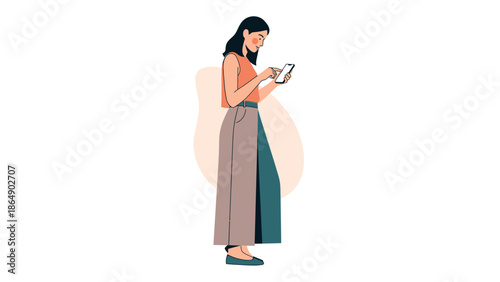 young woman standing and using smartphone with casual outfit and relaxed posture