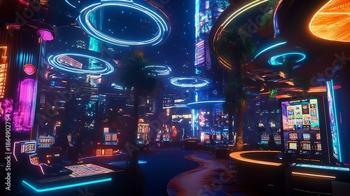 A vibrant casino with electric blue lights, digital slot machines, and holographic decor 