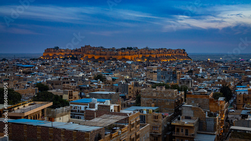 Panorama of Jaisalmer Fort - one of the largest forts in the world, known as the Golden Fort Sonar quila on sunset. Jaisalmer, Rajasthan, India