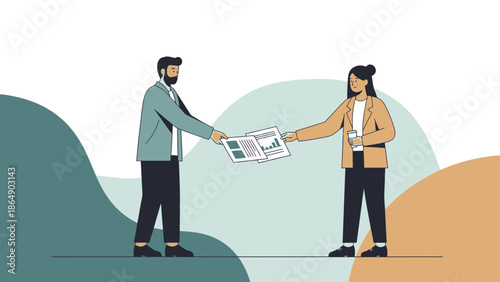 business professionals exchanging documents in a modern work environment emphasizing collaboration