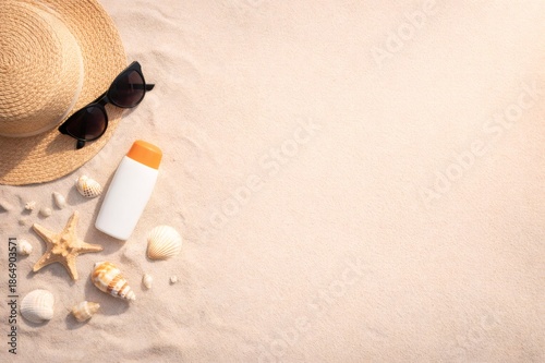 Summer beach vacation essentials on sand