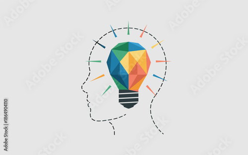 A creative illustration of a human head with a colorful lightbulb inside, symbolizing innovation and ideas