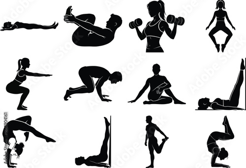 Diverse yoga poses and exercises in black silhouette on for wellbeing