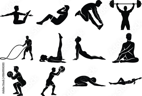 Collection of various fitness and exercise poses in black silhouette