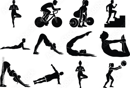 Collection of various black silhouette illustrations of people performing different exercises and sports