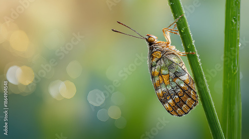 Wallpaper Mural Elegant Macro Closeup of a Delicate Lacewing Insect Clinging to a Green Grass Stem with Soft Golden Bokeh and Dreamy Natural Background Torontodigital.ca