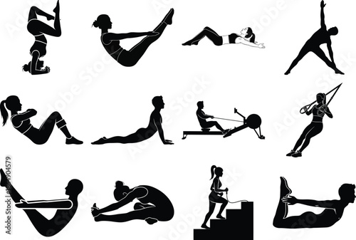 Collection of various black silhouette illustrations of people performing different yoga poses and exercises