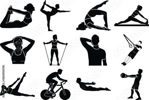 Collection of various fitness and exercise silhouettes for healthy lifestyle concepts