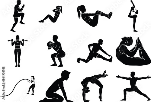Various exercise and fitness poses in black silhouette on for design