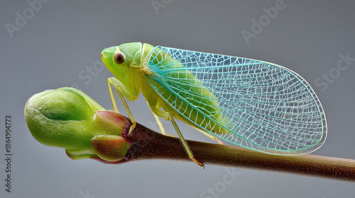 Wallpaper Mural High Detail Macro Photography of a Green Lacewing Resting on a Young Plant Bud with Transparent Wings and Clean Neutral Background Torontodigital.ca