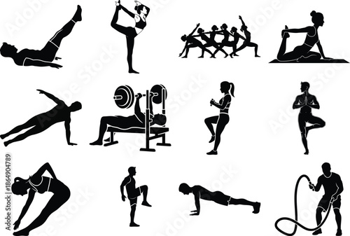 Various black silhouette illustrations of people exercising and working out