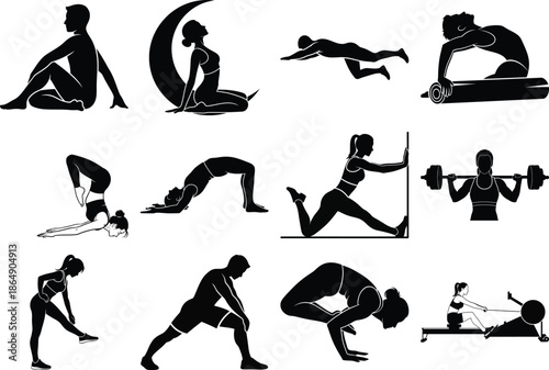 Diverse yoga and fitness poses in black silhouette on for design
