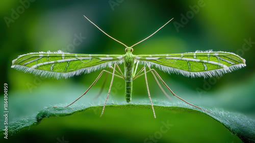 Wallpaper Mural Symmetrical Macro Photography of a Green Plume Moth Resting on a Leaf with Outstretched Feathered Wings and Soft Green Natural Background Torontodigital.ca