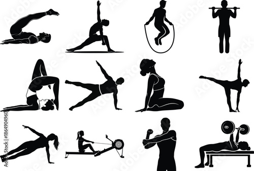 Variety of yoga and fitness poses in black silhouette for health and wellness design