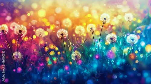 A vibrant meadow featuring glowing dandelions and colorful flowers 