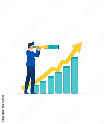 Businessman intently observing future growth trajectory using a telescope positioned against an ascending bar chart representing financial success and progress.