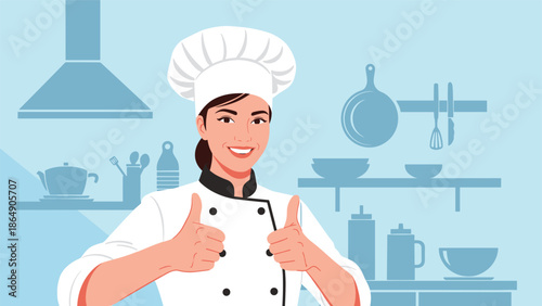 Happy female chef in a professional uniform and toque giving two thumbs up in a kitchen setting, expressing approval and satisfaction.
