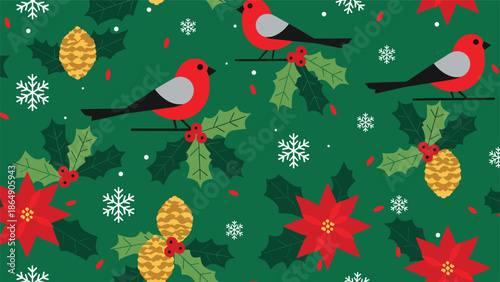 Seamless Christmas pattern with bullfinch birds, poinsettia, holly, and pine cones on a green background for festive holiday wrapping paper or textiles.