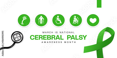 March Is National Cerebral Palsy Awareness Month. Nerve neurons, people and more. Great for cards, banners, posters, social media and more. White background.  