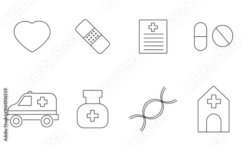 This vector set of medical and health care icons features a professional design of web symbols and signs