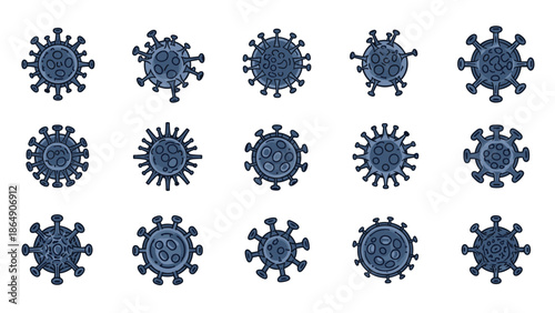 Collection of fifteen blue virus or bacteria cell icons in a hand-drawn cartoon style, isolated on a white background for medical and scientific illustrations.
